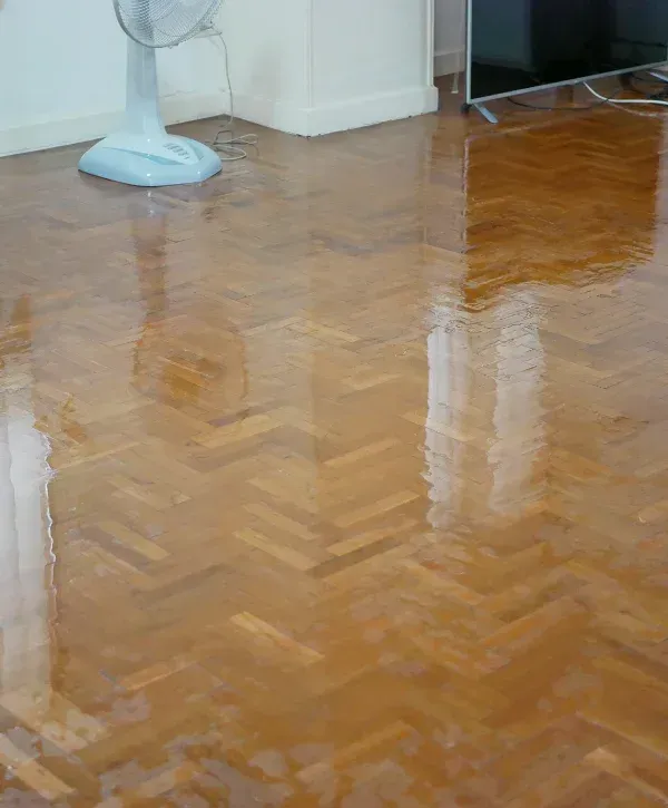 A close-up of a flood-damaged parquet floor with standing water, reflecting a white fan and a dark TV screen.