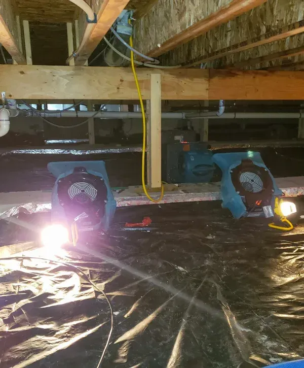 A crawlspace undergoing water damage restoration with three industrial fans drying a black plastic ground cover.
