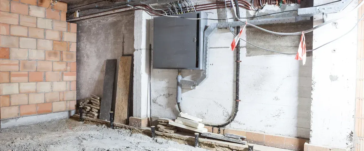 An unfinished basement with exposed brick, concrete walls, overhead wiring, a gray electrical box, and construction debris.