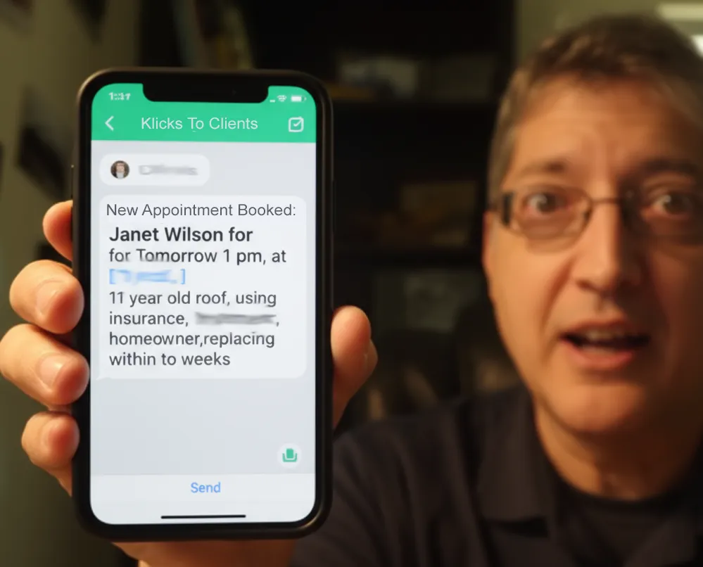 Phone showing ‘New Appointment Booked’ with verified roof details.