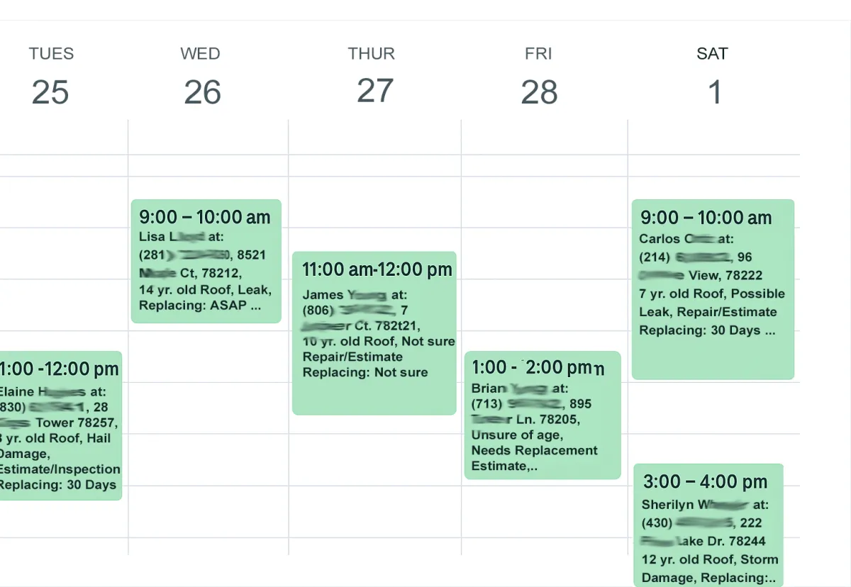 weekly calendar view with multiple roofing inspections booked and confirmed for local homeowners