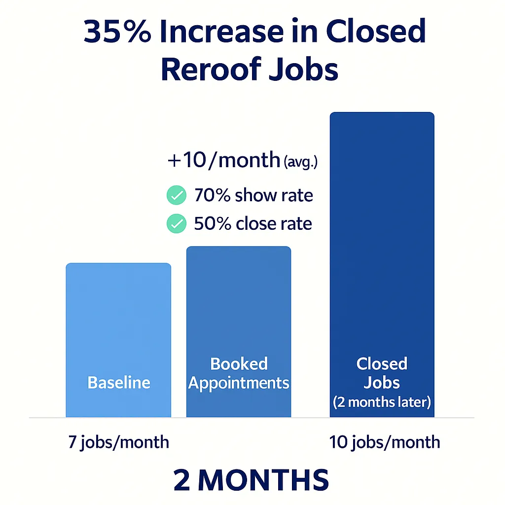 kpi card showing 35 percent increase in closed reroof jobs over 60 days from booked appointments