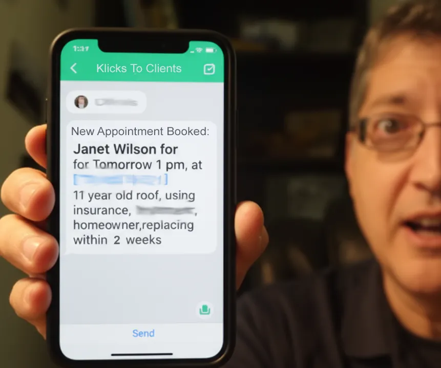 Phone showing ‘New Appointment Booked’ with verified roof details.