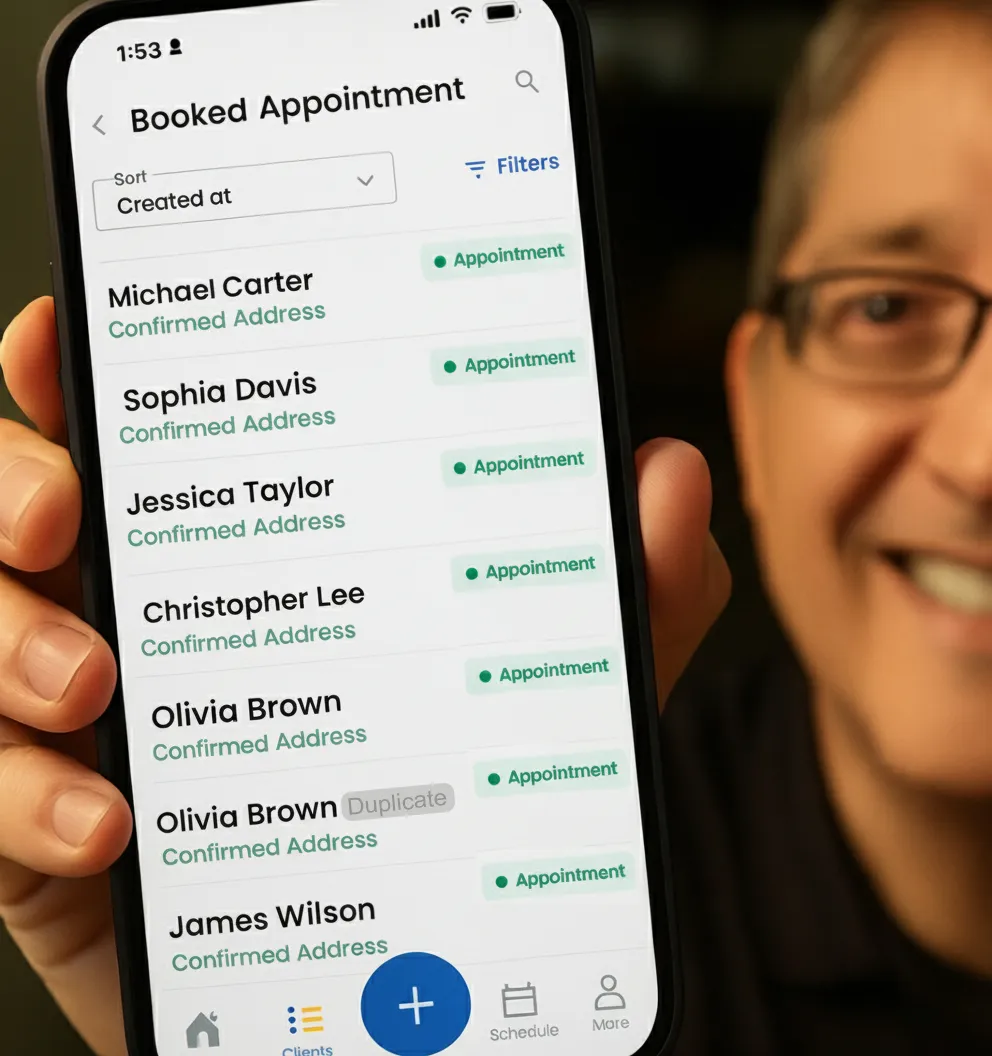 exclusive one-to-one roofing appointment screenshot demonstrating address-verified booking