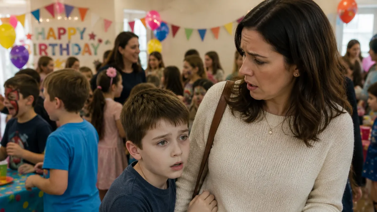 A young boy clings closely to his mother at a busy children's birthday party, appearing anxious and overwhelmed by the noisy, crowded environment. His mother looks concerned as she comforts him, illustrating childhood anxiety, sensory overwhelm, emotional safety, and the importance of calm, supportive parenting.