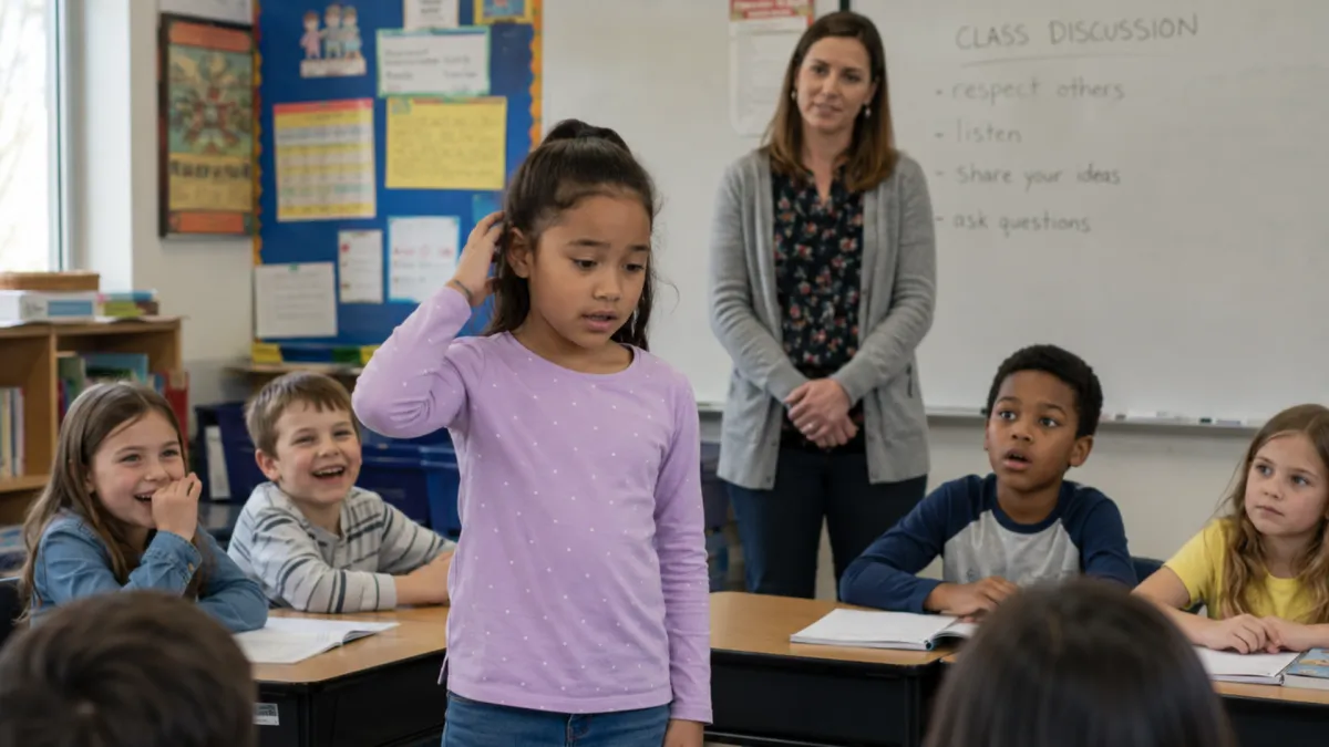 An anxious-looking young girl stands in front of her classmates during a classroom discussion while her teacher watches supportively from behind.
