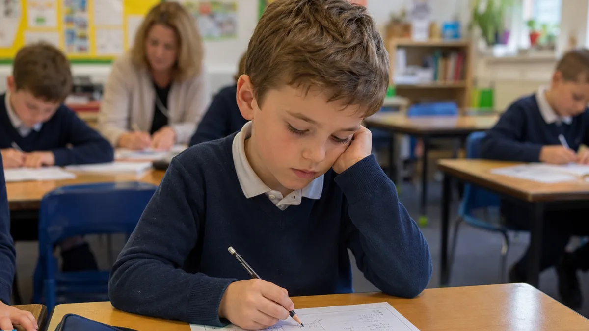 A school-aged boy sits at his desk with his head resting on one hand while completing classwork, appearing overwhelmed or tired as his teacher and classmates work in the background.