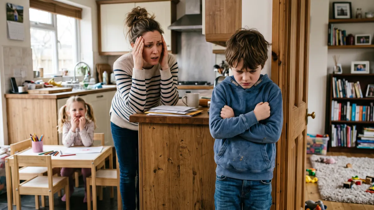 Nine year old boy with arms folded, frustrated, in a moment of emotional overwhelm
