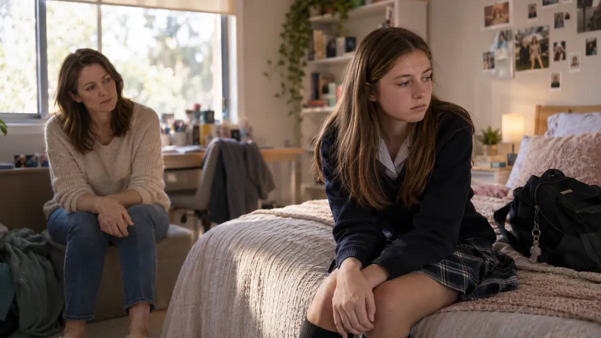 A teenage girl sits withdrawn on her bed, looking away from her concerned mother in a bedroom, illustrating emotional disconnection, teenage anxiety and the challenges of rebuilding parent-child connection.