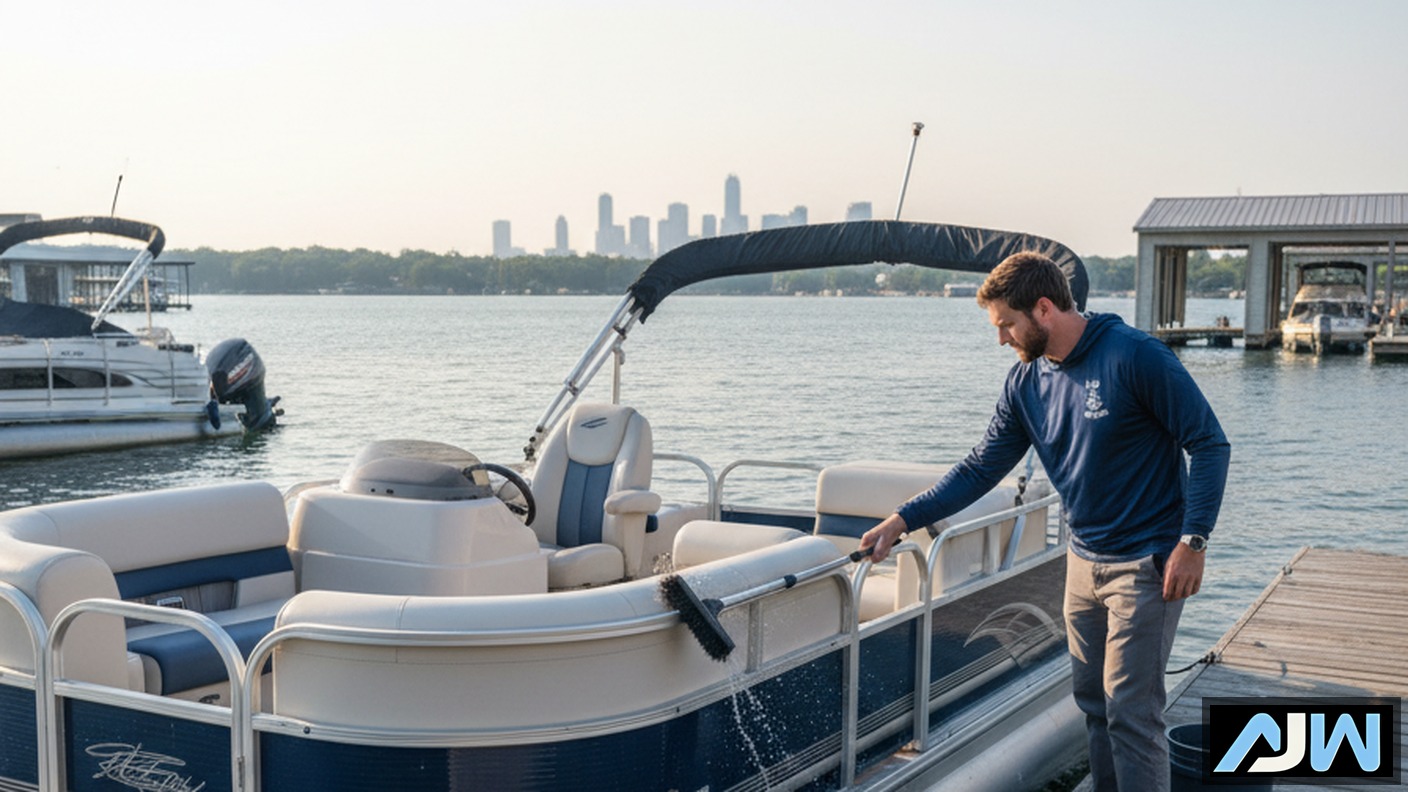 Winter Pontoon Boat Detail at Crown Harbor Lake Norman