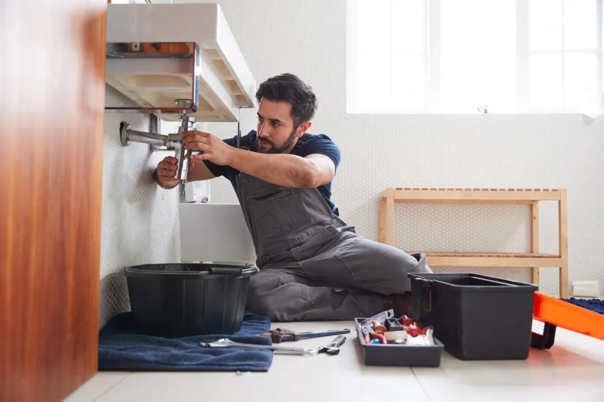 Technician replacing old faucet with a modern, high-efficiency fixture in kitchen remodel.