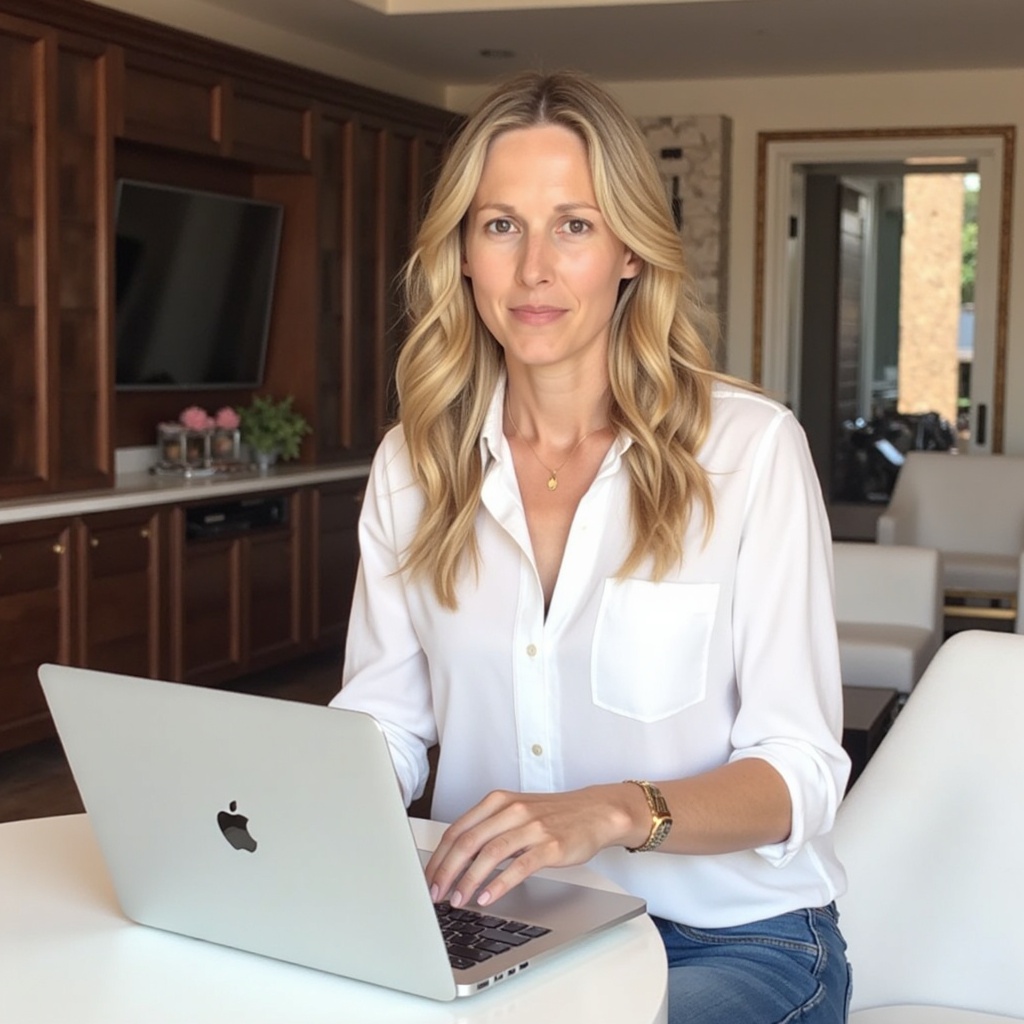 Woman working on a laptop in a modern office setting, representing efficiency and automation for local businesses.