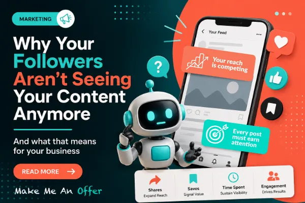 Modern social media marketing graphic with a glowing teal and coral colour palette. A smartphone feed and friendly robot illustration appear beside the headline “Why Your Followers Aren’t Seeing Your Content Anymore.” Floating message cards explain how algorithms prioritize engagement, shares, saves, and attention. Make Me An Offer logo appears in the bottom left corner.