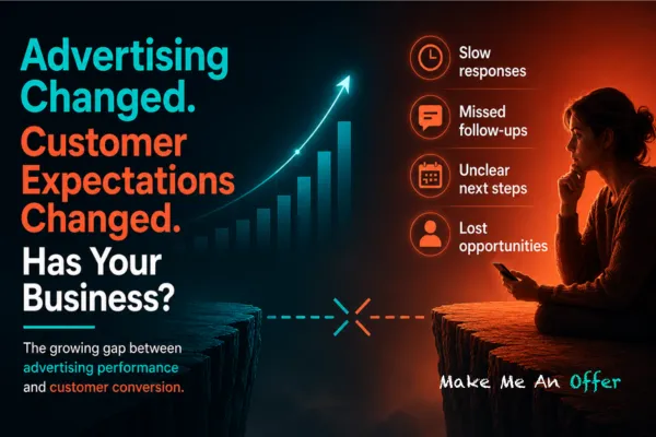 Modern business-themed blog cover showing a growing gap between advertising performance and customer conversion. Teal advertising analytics face a customer waiting for responses on the opposite side of a broken connection, symbolizing changing expectations in 2026.