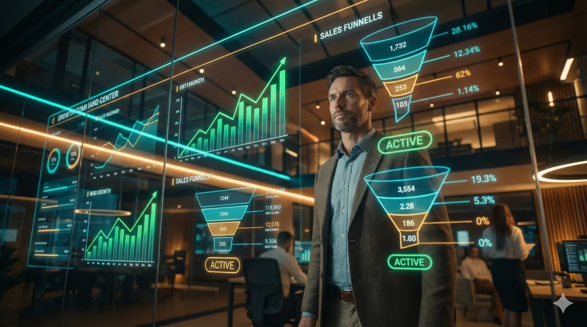 Hands discussing marketing strategies over charts and graphs, featuring Five Arrows branding and emphasis on SEO and digital marketing effectiveness.