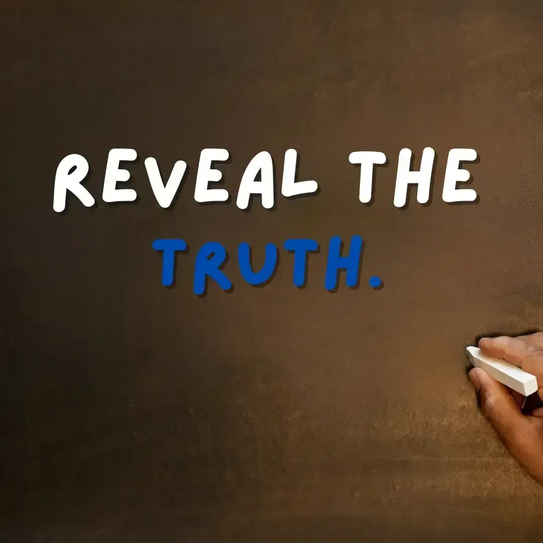 Hand writing 'REVEAL THE TRUTH' on a chalkboard, promoting rental rate comparisons.