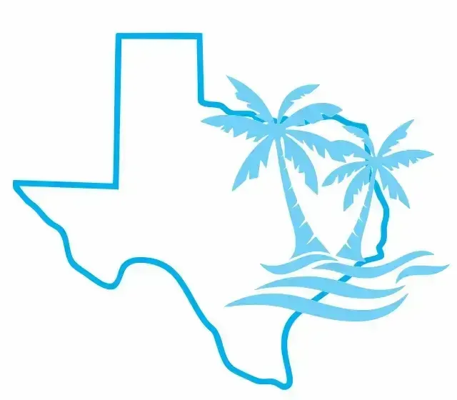Blue graphic logo of Texas with two palm trees and ocean waves.