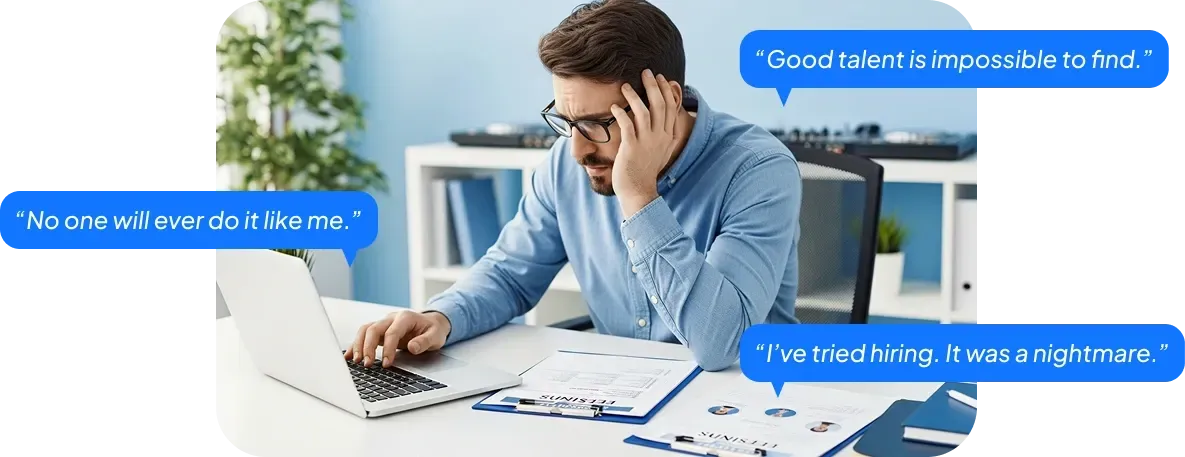 Two trainers coaching a DJ at a compact studio console reviewing waveforms on a laptop under warm professional lighting.