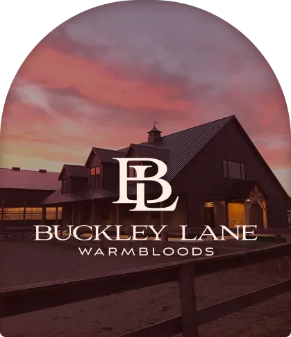 A barn door photo frame with the Buckley Lane Warmbloods logo and the Barn House in the background at sunset.