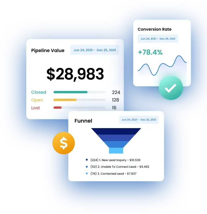 Analytics dashboard mockup with lead funnel and revenue trends