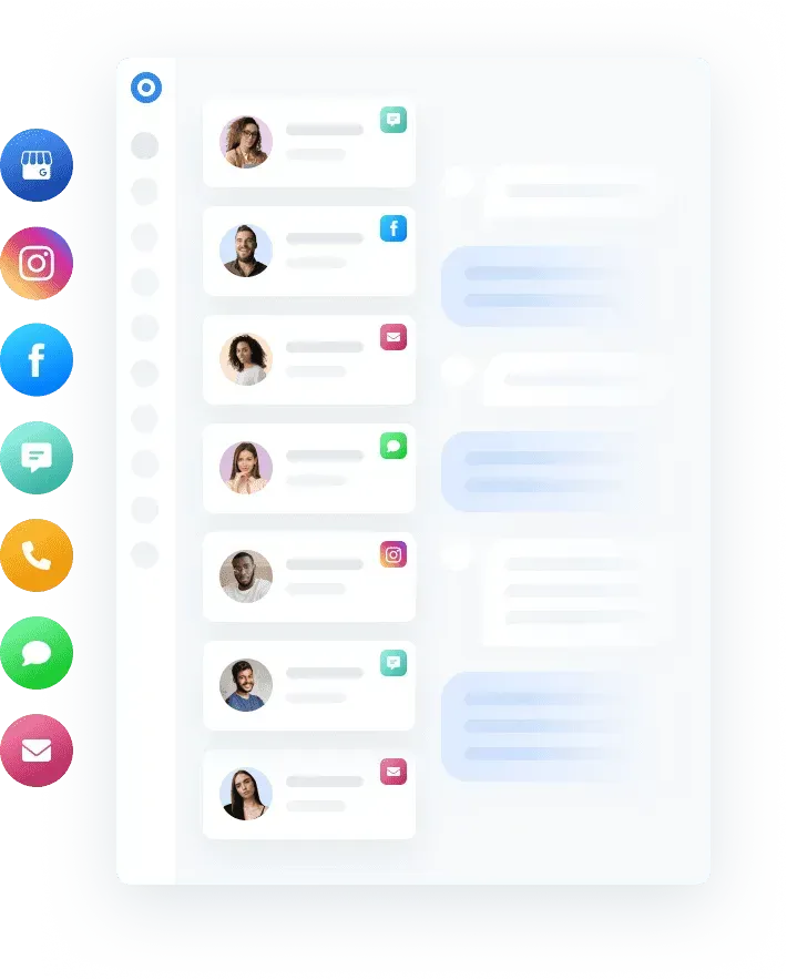 Social inbox mockup with multi-channel messages, contact profile preview, and scheduling CTA.