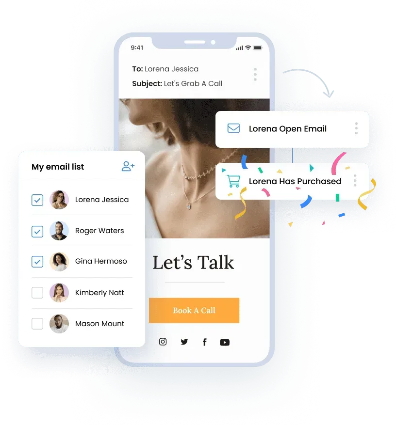 Social inbox mockup with multi-channel messages, contact profile preview, and scheduling CTA.