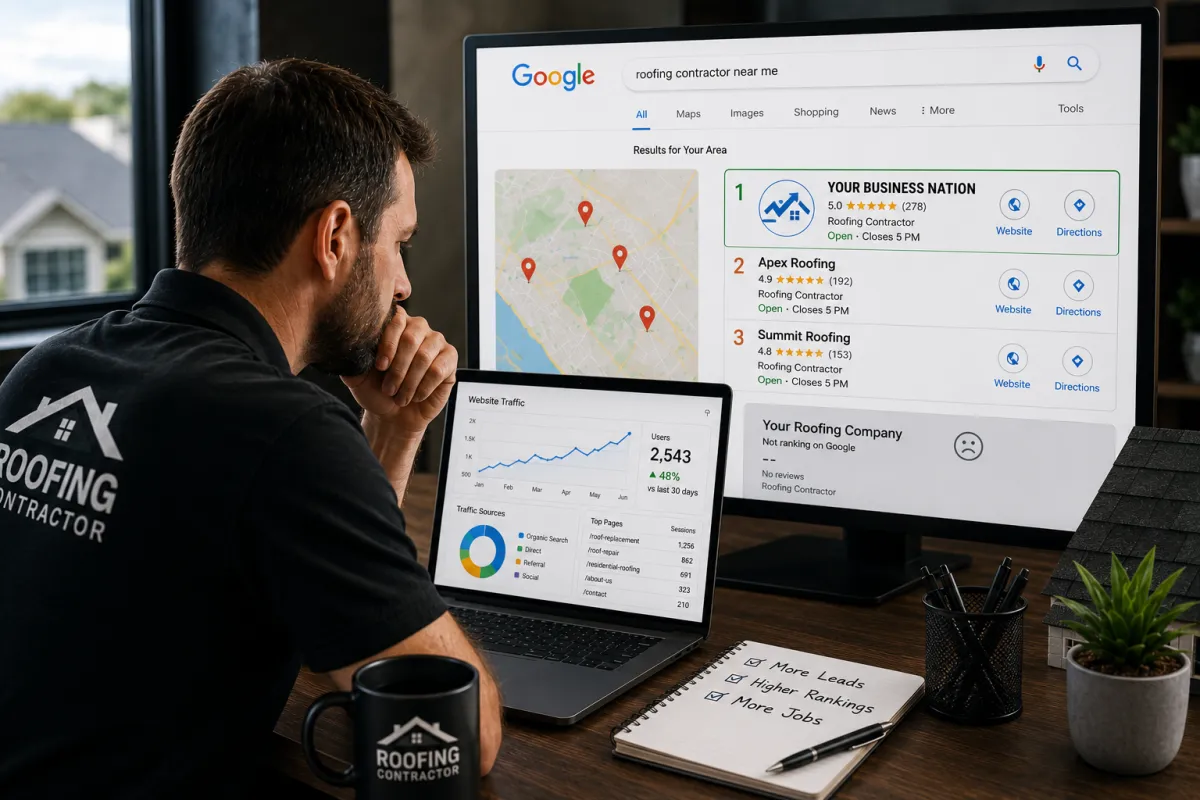 Roofing contractor reviewing local SEO rankings and competitor search visibility