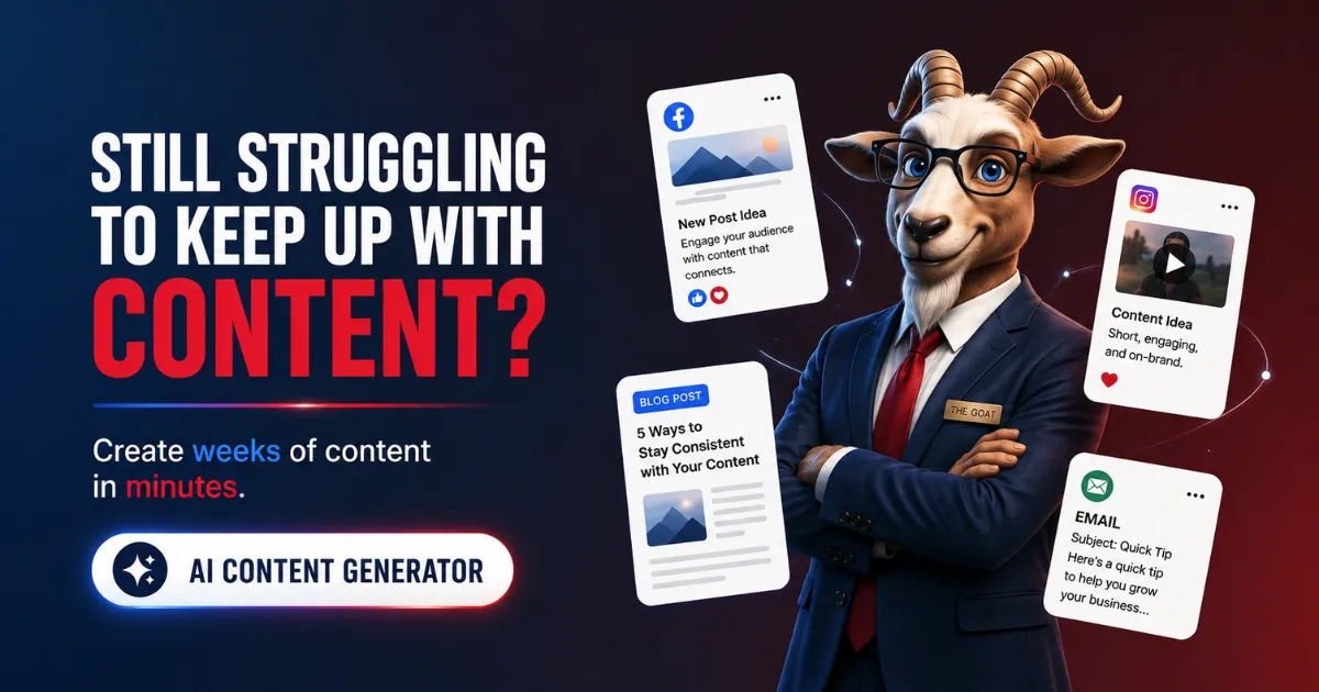 The GOAT CRM AI Content Generator helps businesses create blog posts, social media content, and SEO-friendly articles with AI.