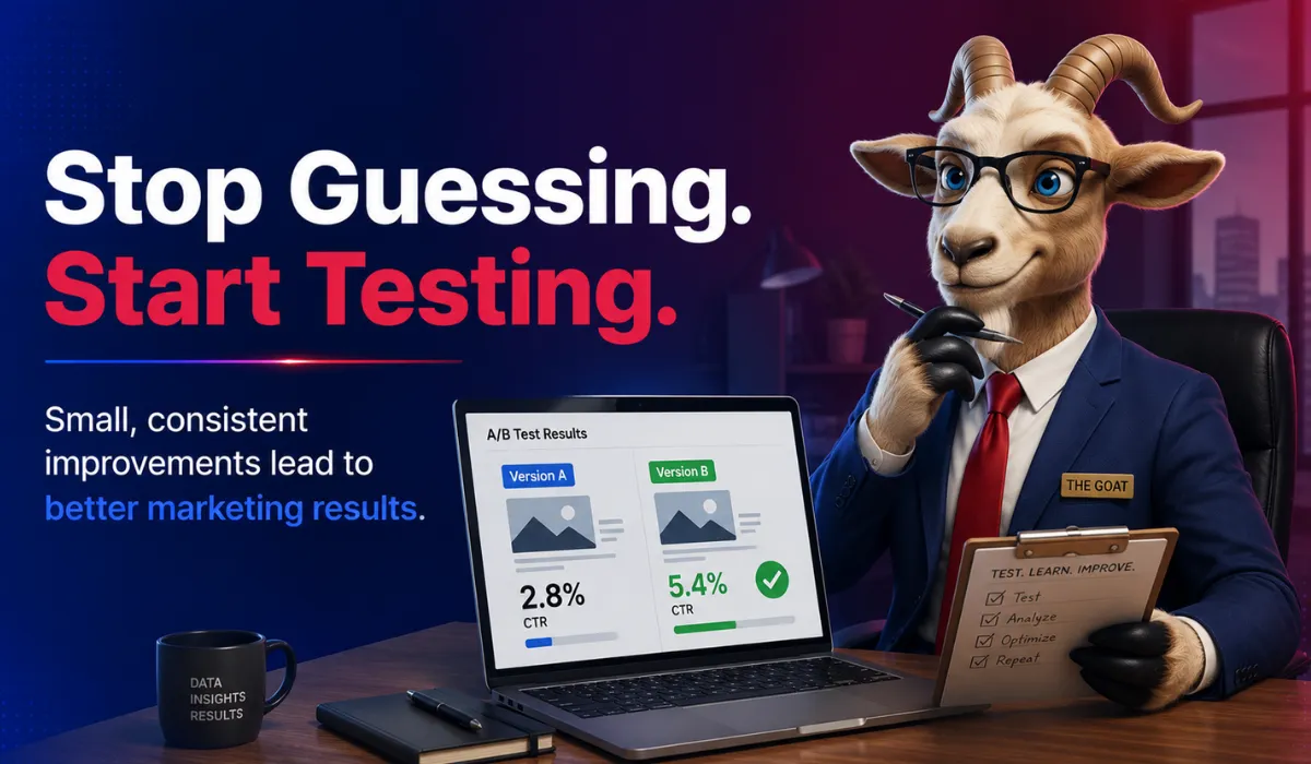 GOAT CRM mascot reviewing A/B marketing campaign results on a laptop to illustrate how testing and small improvements lead to better marketing performance.