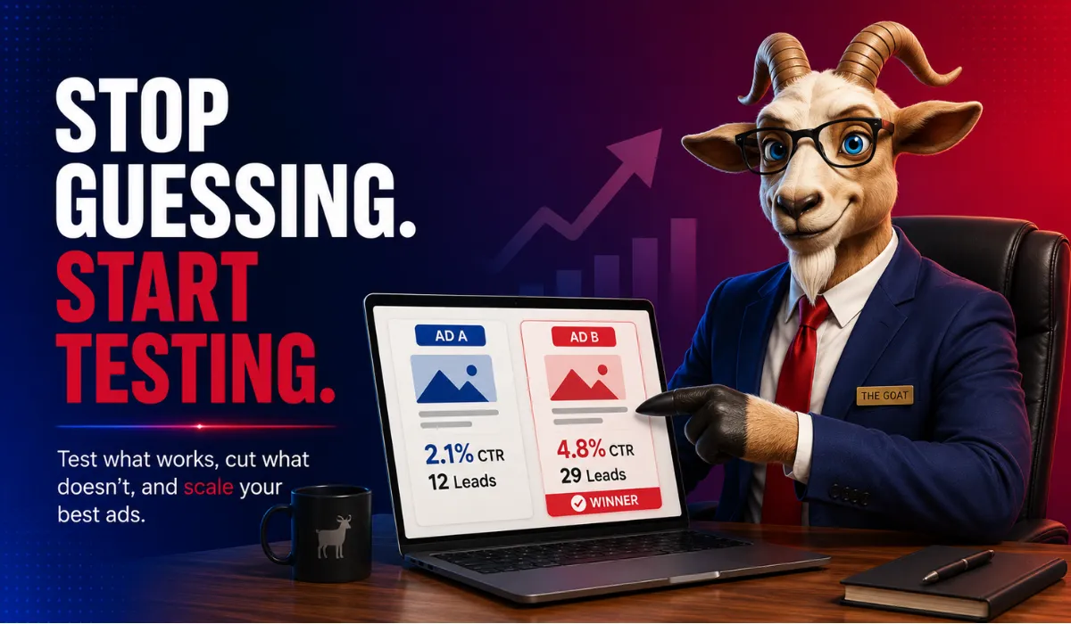 GOAT CRM mascot comparing two ad variations on a laptop, reviewing A/B test results to identify the winning ad and improve marketing performance.