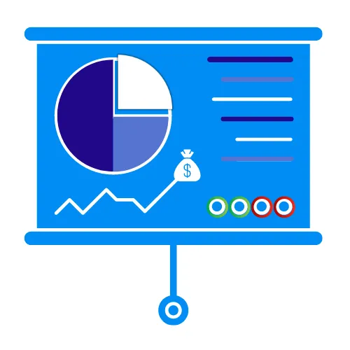 Projector screen with pie chart and graph.