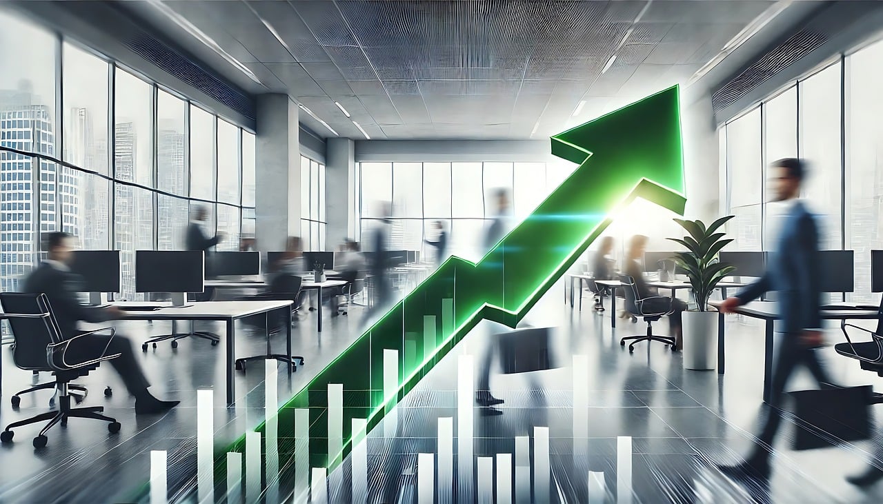 Green arrow pointing up for growth with business people in the background