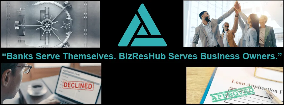 Image of banks keeping their funding vaulted and declined an business owners happy and applications approved. "Banks Serve Themselves, BizReHb Serves Business Owners.'
