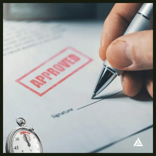 image of hand signing approved loan paper with a stopwatch stating deadline 