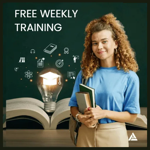 Image lady holding books with a book and lightbulb with floating ions in the backgroud with free training mesage