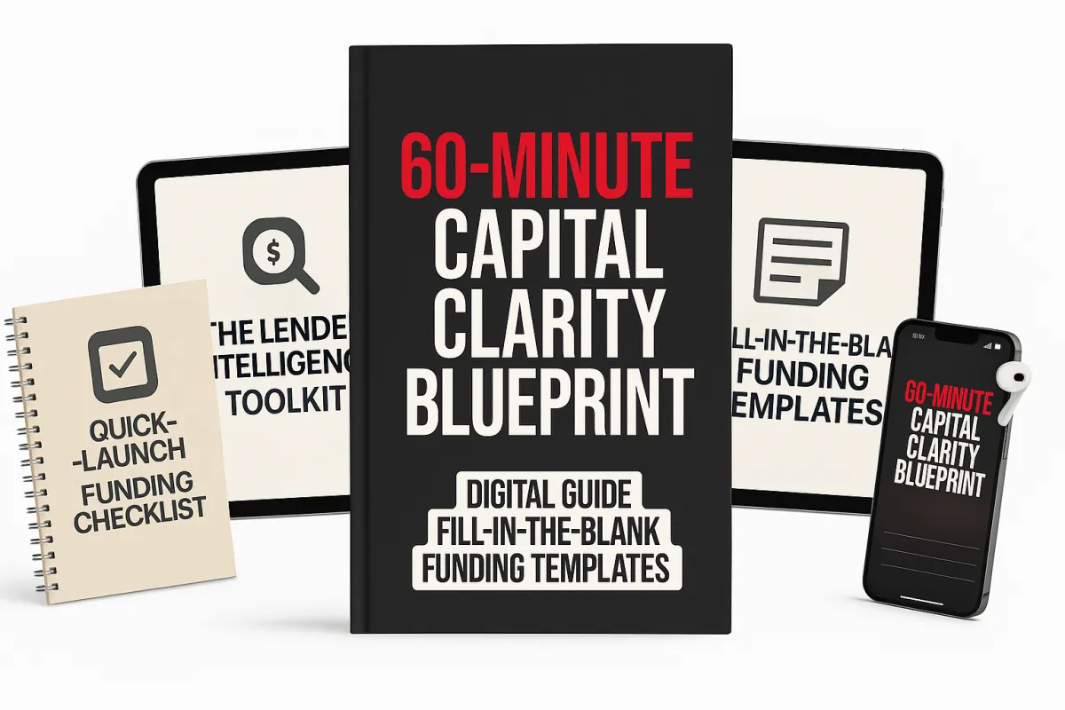 Promotional image featuring the 60-Minute Capital Clarity Blueprint digital guide, Quick-Launch Funding Checklist, Lender Intelligence Toolkit, and Fill-in-the-Blank Funding Templates displayed on digital devices and notebooks to support business funding readiness