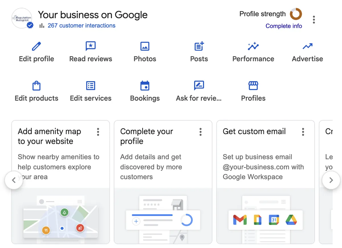 A Google Business Profile dashboard showing profile strength, services, photos and posts.