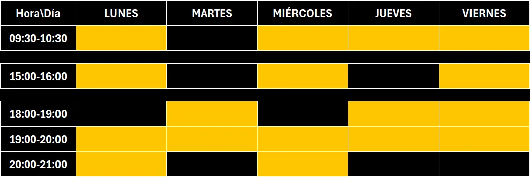 tabla con horario de clases del centro
