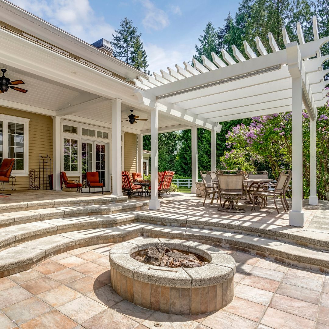 Concrete patio installation for residential backyard outdoor living space