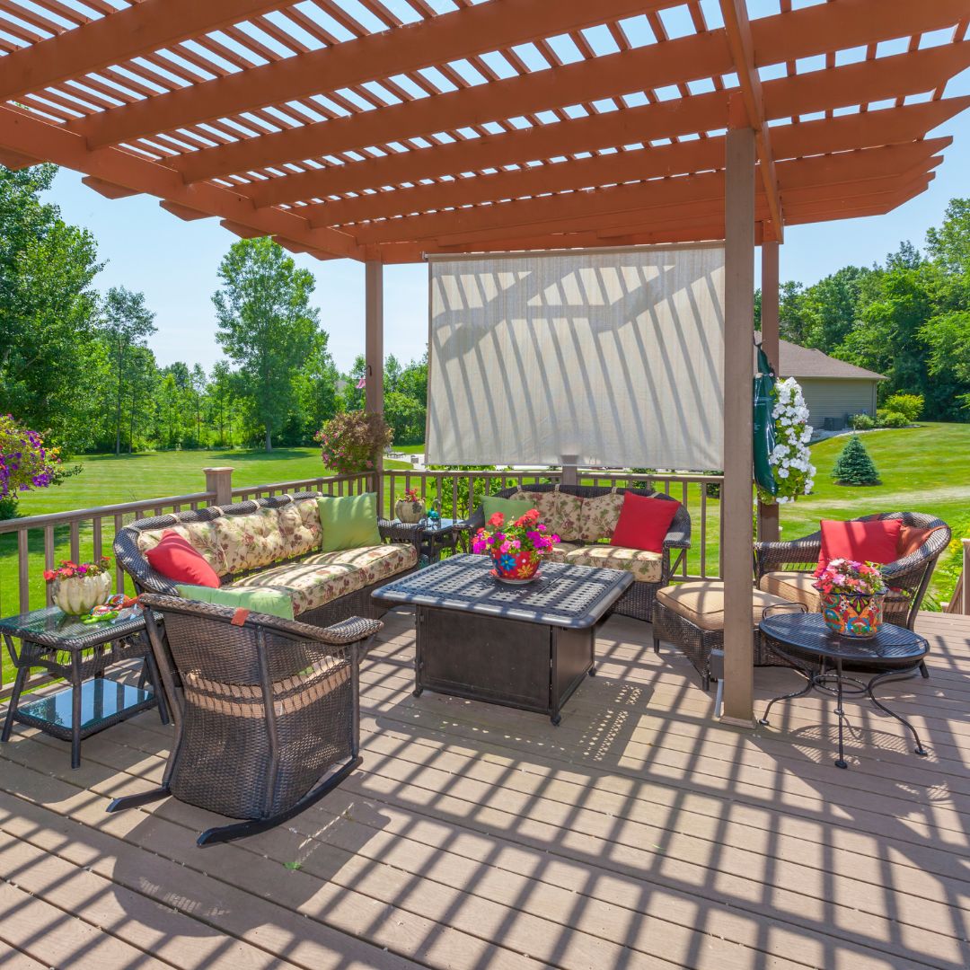 Garden pergola providing shade and architectural interest in backyard landscape