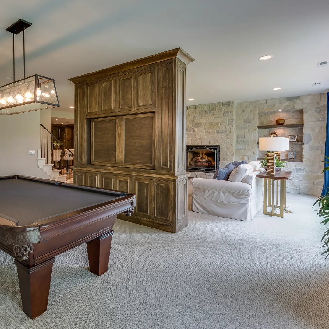 Full basement finishing for additional residential living and entertainment space