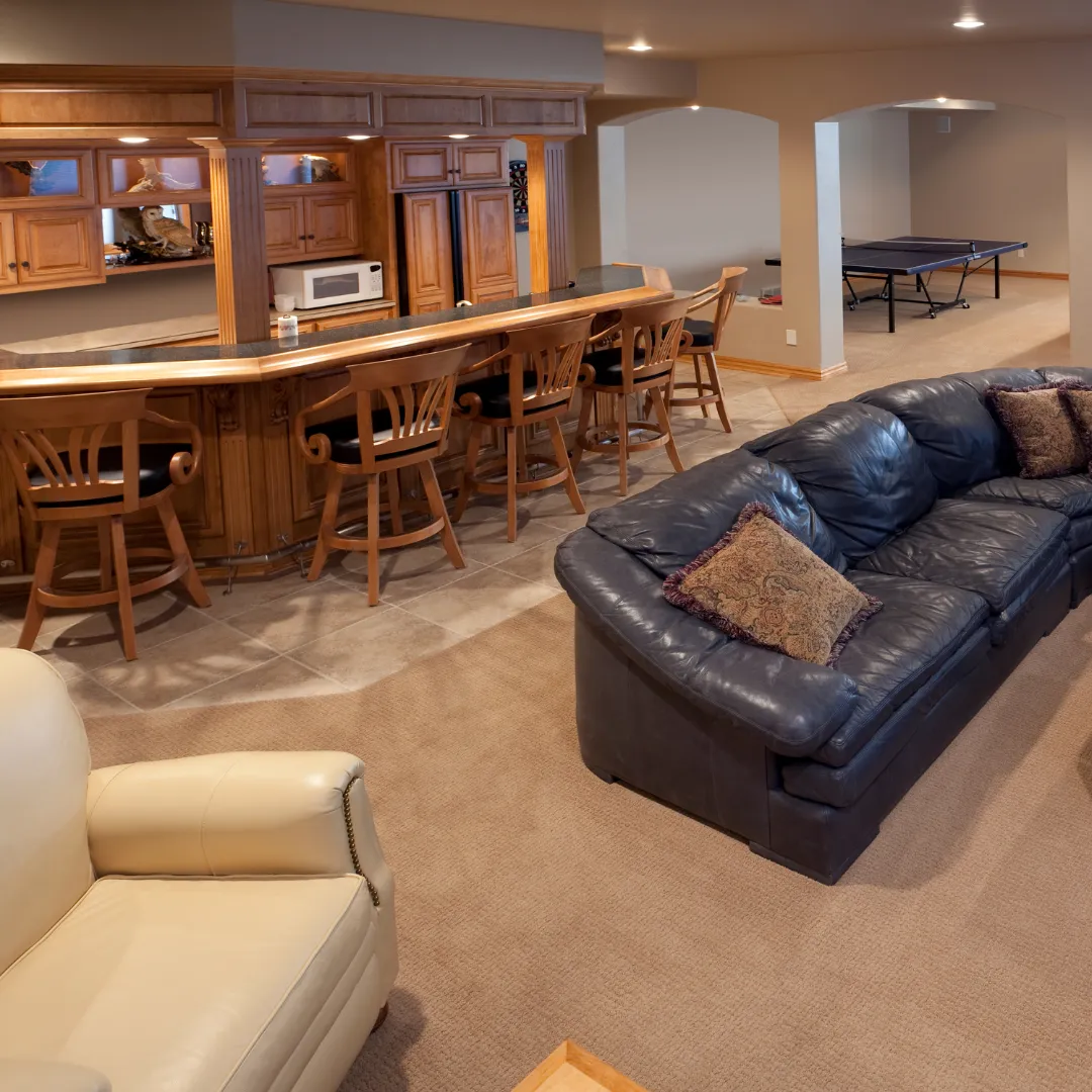 Wet bar and kitchenette for basement finishing and residential entertainment space