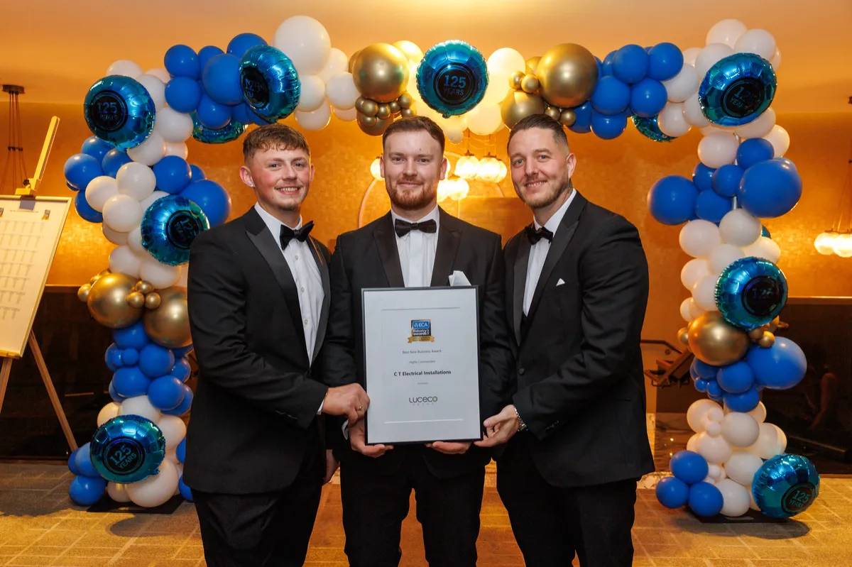 Carl Bingham, Liam Tolley and Kyle Hodgkinson of CT Electrical Installations holding the ECA Industry Awards 2026 Best New Business Highly Commended certificate