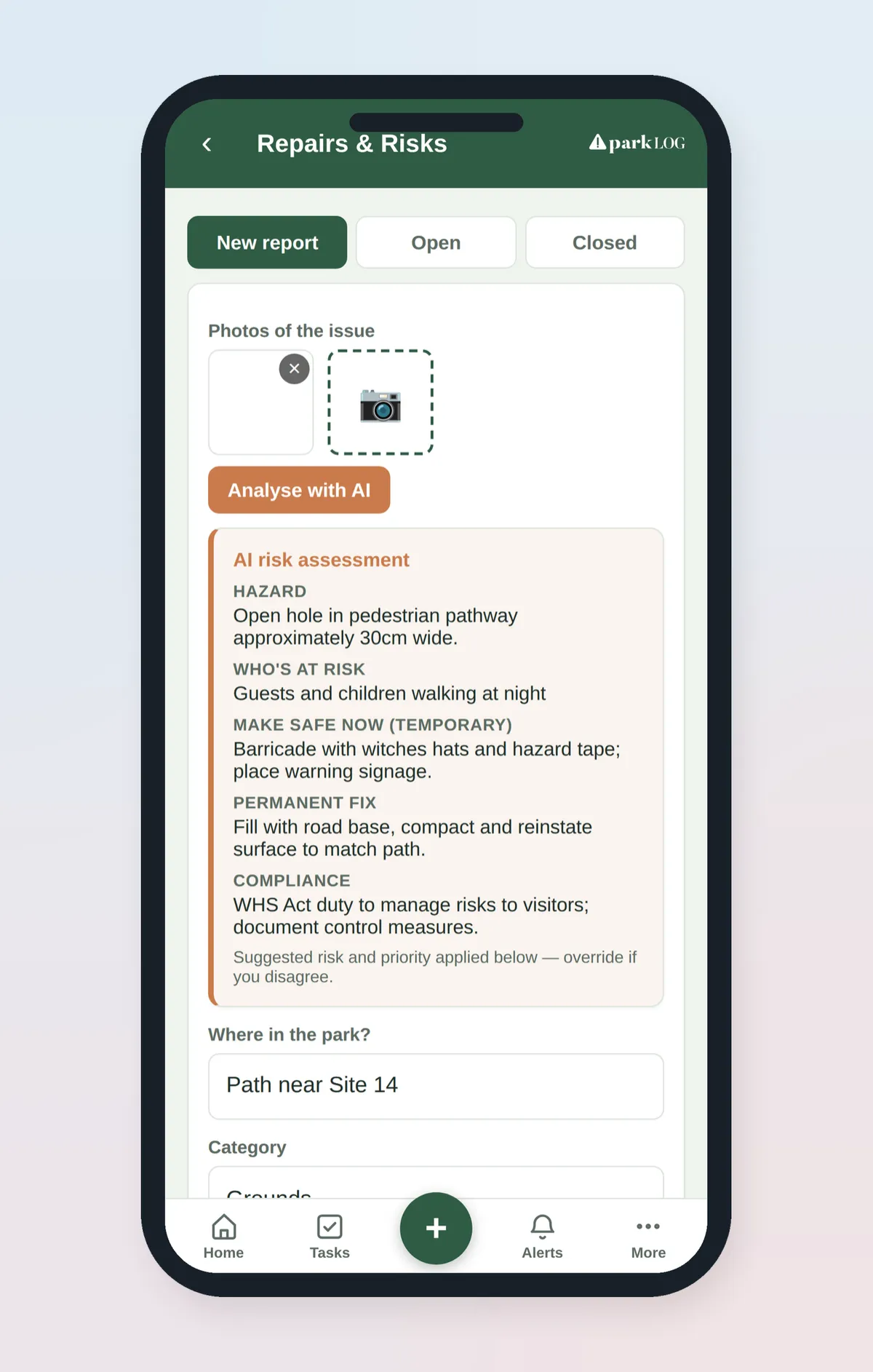 AI Register Preview showing a chemical label scan with automatic risk extraction
