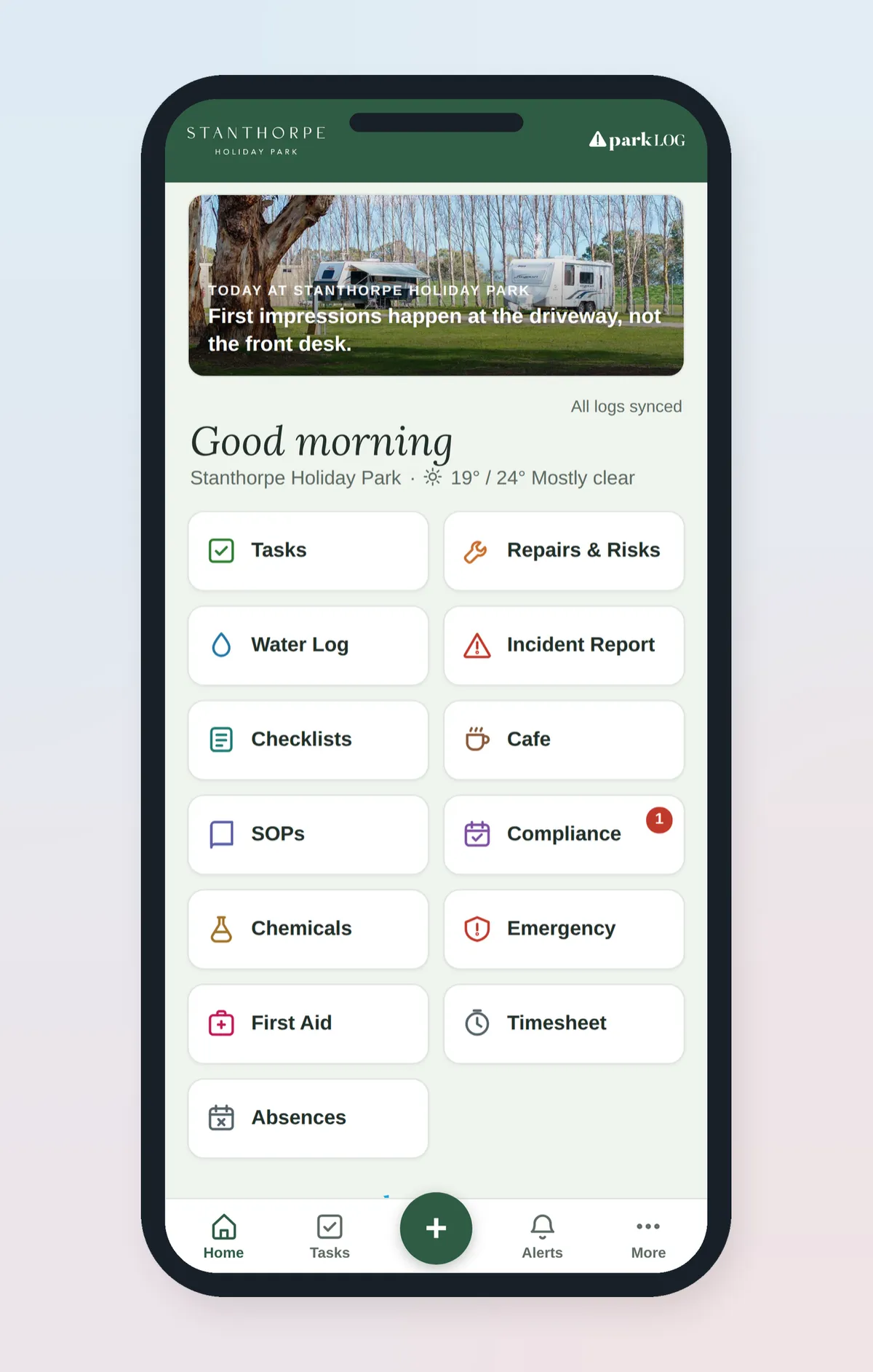 Mobile interface showing big buttons for logging tasks with UI simplicity