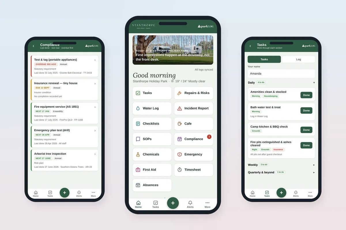 ParkLog app interface on 3 phones showing sync and compliance status