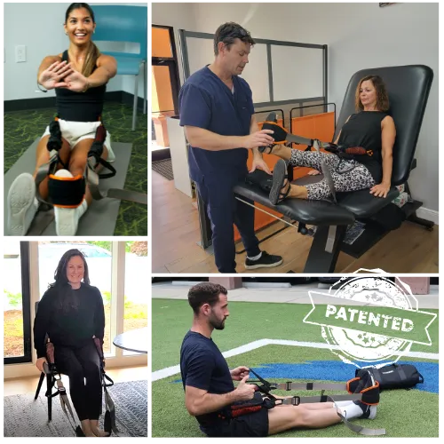 Collage showing the BFX Back Stretcher in use by a chiropractor in a clinic, athletes on the field, and an everyday user at home