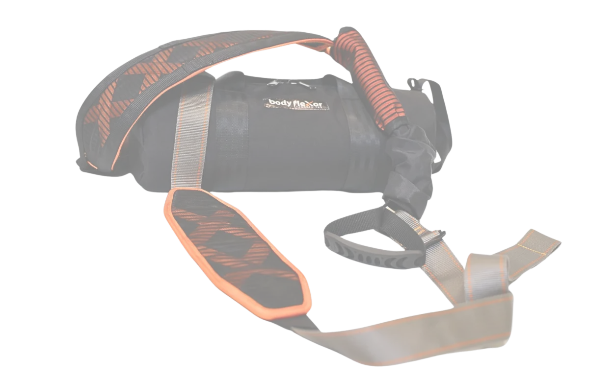 BFX Back Stretcher showing ergonomic back pad, grip handles, and adjustable belt system for at-home stretching and mobility support.