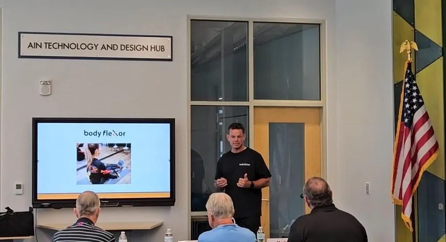 Dr. Josh Knotts presenting the BFX Back Stretcher at Florida Gulf Coast University as part of the Veterans Entrepreneurship Program.