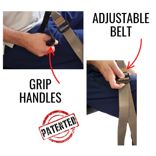 Close-up of person demonstrating the BFX Back Stretcher grip handles and adjustable belt, highlighting patented design for stretch control and customization.